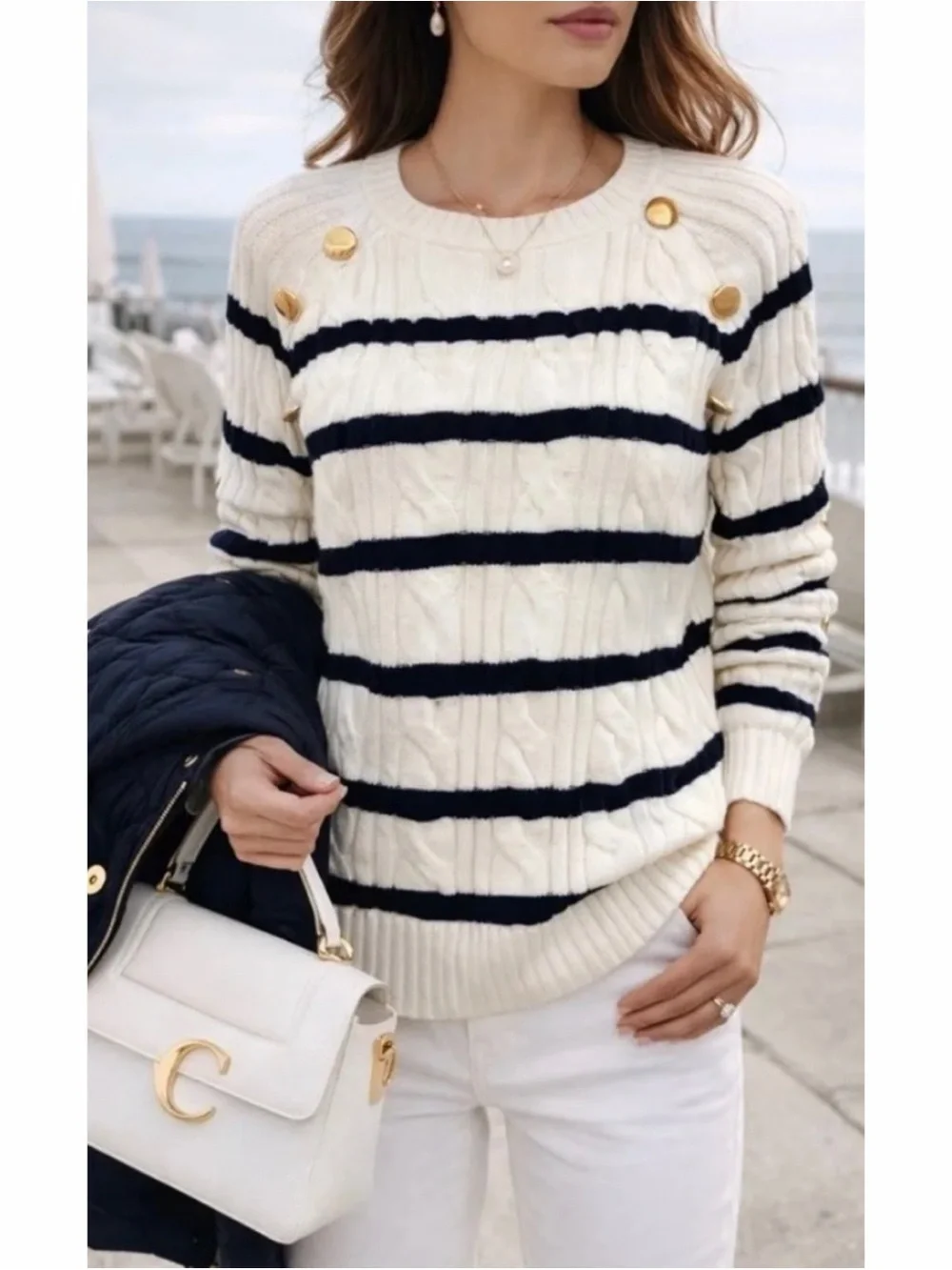 Talbots Crew Neck Breton Stripe Cable Knit Sweater